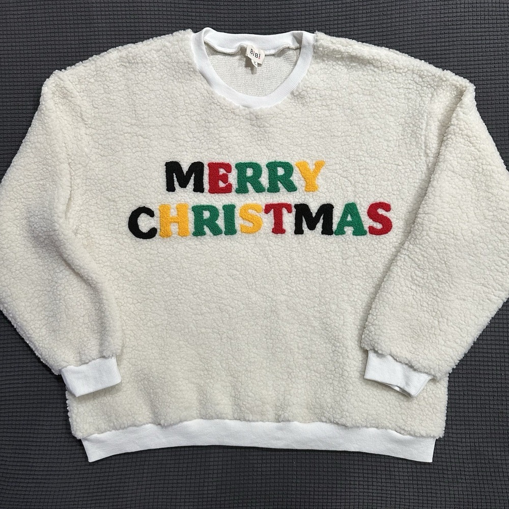 BIBI Merry Christmas Sherpa Fleece Sweater Ivory Fuzzy Pullover Women's M Cozy
